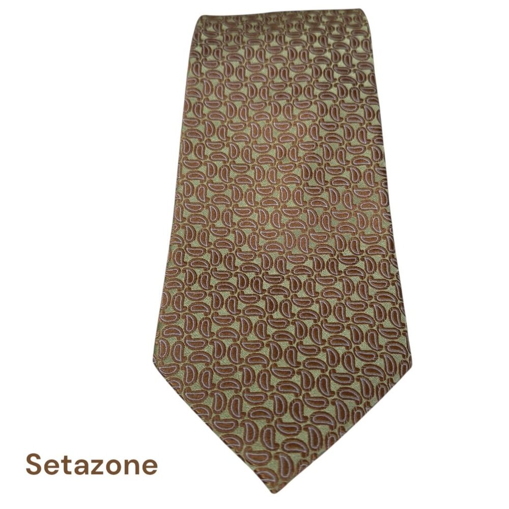 Handmade Setazone 100% Silk Tie  Brown Green Paisley Elegant Design Iridescent